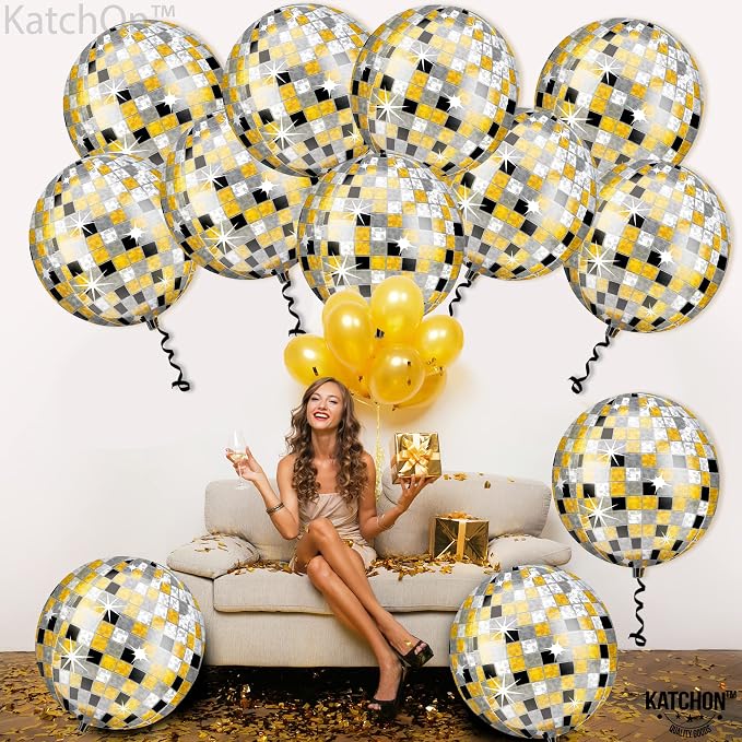 KatchOn, Huge Disco Ball Balloons -22 Inch, Pack of 12 | Black And Gold Disco Balloons for Disco Party Decorations | 360 Degree 4D Sphere Disco Balloon | Gold and Black Party Decor