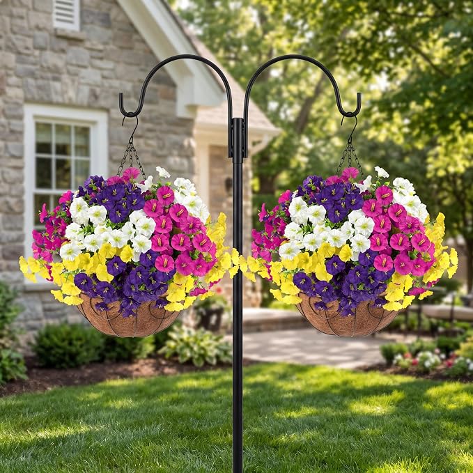 Artificial Flowers for Outdoors with Baskets Hanging Plant Faux Flowers UV Resistant Fake Silk Morning Glory with Eucalyptus for Planter Porch Garden Home Spring Summer Decoration(Mixed 4 colors)
