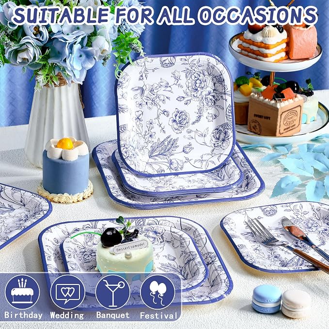 Umigy 100 Pcs Paper Plates Flower Dinner 9'' Floral Disposable Paper Plates 7'' Square Dessert Set for Dinner Birthday Wedding Baby Shower Party Tableware(Blue,Flower)