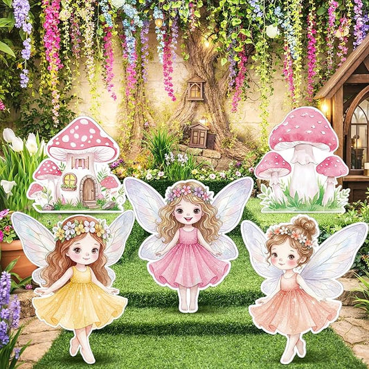 Capoda 5 Pcs Large Fairy Cardboard Cutouts 16.5 to 26.4 inch Fairy Yard Signs Standup Decoration Pink Mushroom Butterfly Flower Birthday Party Decoration for Forest Lawn Wonderland Garden Photo Prop