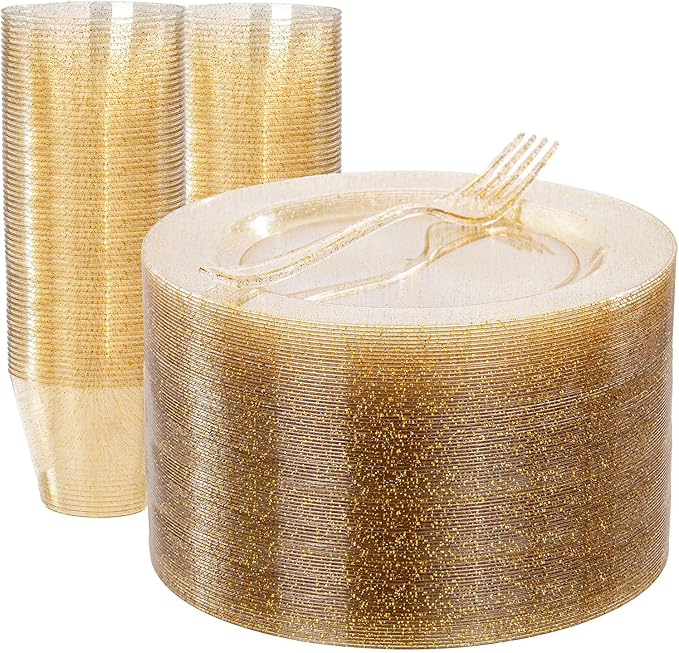 WELLIFE 150PCS Gold Plastic Plates – Gold Glitter Disposable Dinnerware Set for 50 Guests (7.5" Dessert Plates), Includes 50 Plates, 50 Cups & 50 Forks for Wedding & Birthday Party Tableware