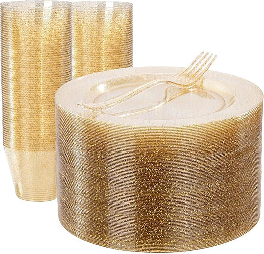 WELLIFE 150PCS Gold Plastic Plates – Gold Glitter Disposable Dinnerware Set for 50 Guests (7.5" Dessert Plates), Includes 50 Plates, 50 Cups & 50 Forks for Wedding & Birthday Party Tableware