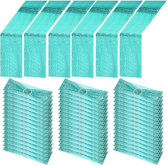 Newwiee 54 Pcs Light Blue Sequin Chair Sashes and Table Runners, 48 Sequin Chair Bows, 6 Glitter Table Runners for Birthday Party Wedding Banquet Holiday Decorations