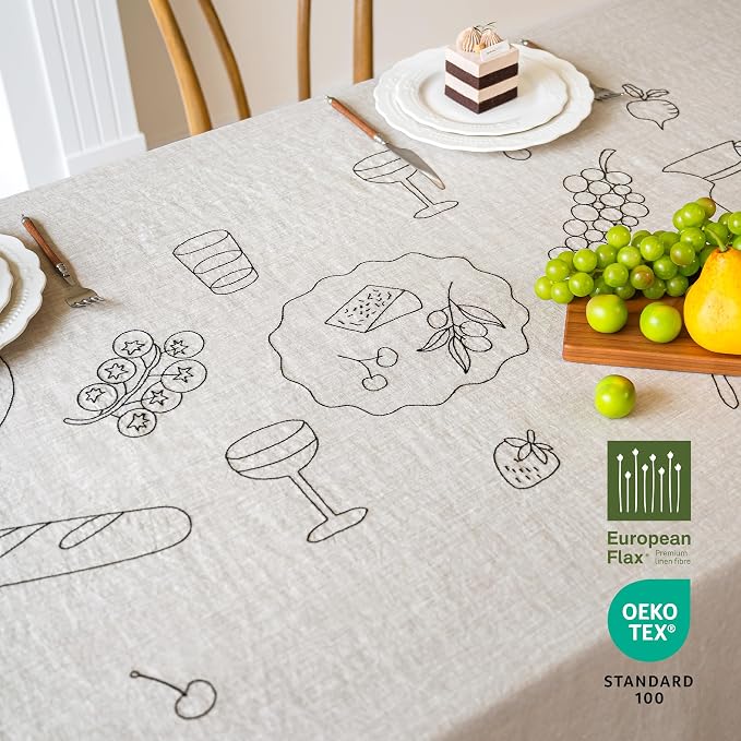 Linen World Embroidered Linen Tablecloth Large 70x157inch,100% French Linen Pre-Washed Table Cloth,Natural Flax Table Cover for Elegant Dining,Banquet Embroidery