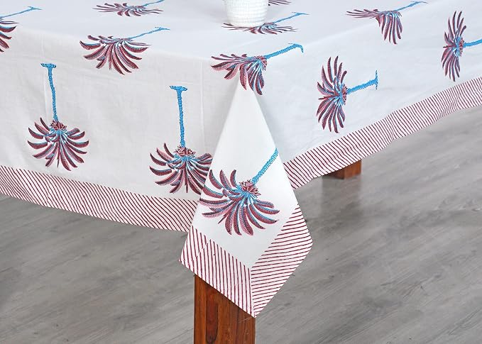 Ridhi Red Palm Hand Block Print Cotton Rectangle Tablecloth 120" x 80" inches Reusable Table Cover Decorative Everyday Use for Dining Room, Farmhouse, Home Gift for Spring, Mother's Day