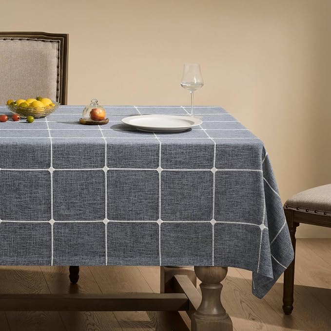 ZeeMart Grid Embroidered Hemmed Tablecloths, Blue Ashes 52x52 Inch, Farmhouse Style Heavy Weight Cotton Linen Blue Grey Tablecloths, Boho Plaid Water Resistant Square Table Cloth