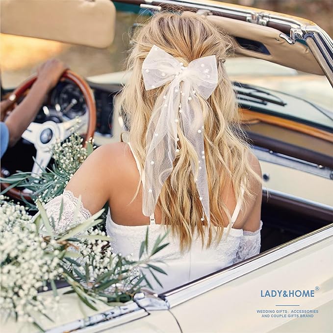 LADY&HOME Bride Hair Bow Veil Bachelorette Party Bridal Veil 2 Tier Bow Pearl Clip for Bridal Shower Wedding