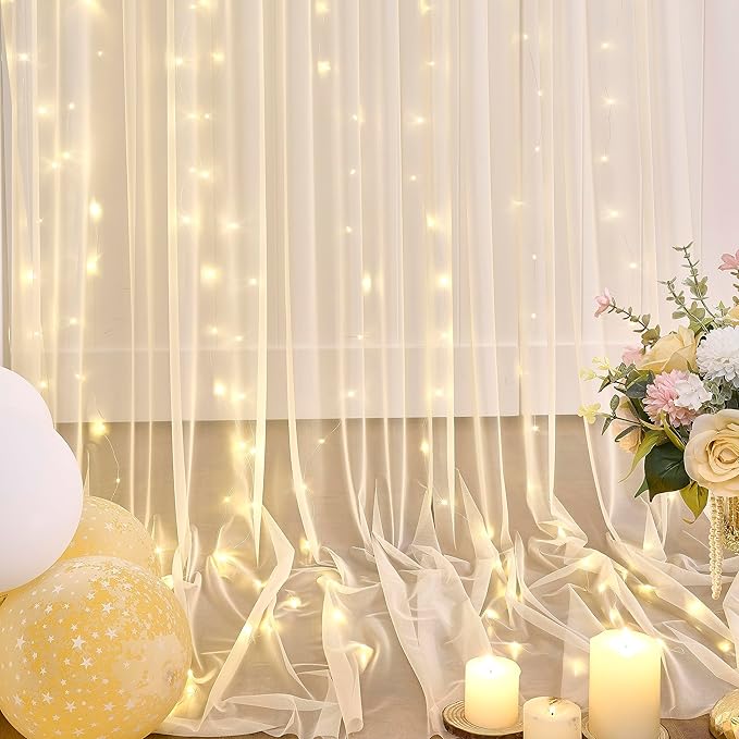 Champagne Tulle Backdrop Curtain with Lights String for Parites Wedding 5x8ft Champagne Sheer Backdrop Curtains for Bridal Shower Baby Shower Birthday Party Photo Booth Background Decorations