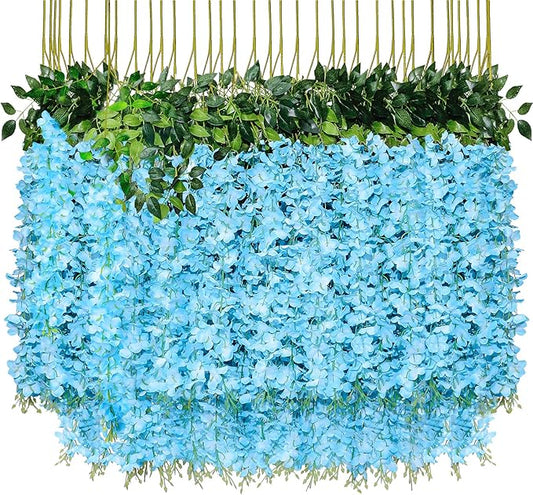 Pauwer Wisteria Hanging Flowers 24 Pack Fake Flower Garland Artificial Wisteria Vines Rattan Silk Flower String Wedding Party Wall Decorations,Blue