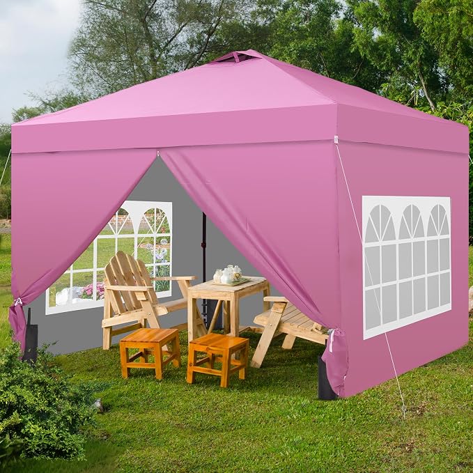 GDY 10x10 Pop Up Canopy Tent with 4 Sidewalls, Easy Set up, Outdoor Silver Coated Beach Gazebos, Carpas with 4 Sandbags, for Outdoor, Parties,Camping, Pink.