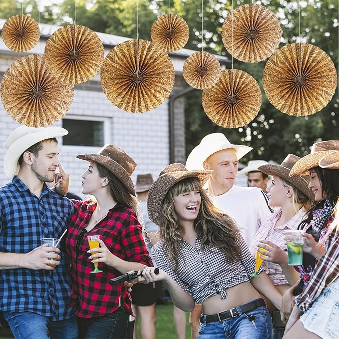 Outus 9 Pcs Western Cowboy Party Decorations Paper Fans Wagon Wheels Straw Hay Bales Hanging Ceiling Wall Decor for Country Western Themed Rodeo Farm Birthday Party Supplies (Straw)