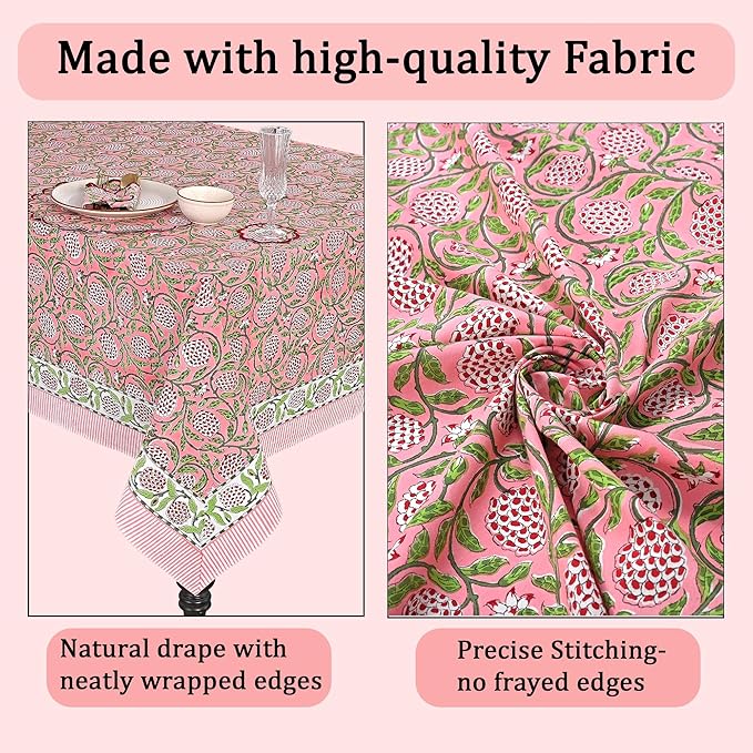 Ridhi Strawberry Pink Hand Block Print Cotton Rectangle Tablecloth 160" x 72" inches Reusable Table Cover Decorative Everyday Use for Dining Room, Farmhouse, Home Gift for Spring, Mother's Day