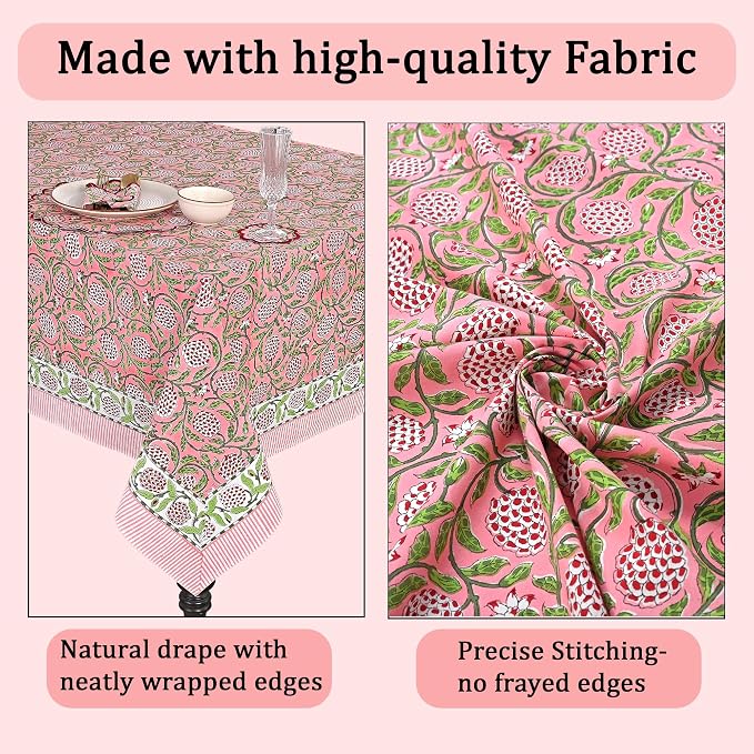 Ridhi Strawberry Pink Hand Block Print Cotton Rectangle Tablecloth 108" x 60" inches Reusable Table Cover Decorative Everyday Use for Dining Room, Farmhouse, Home Gift for Spring, Mother's Day