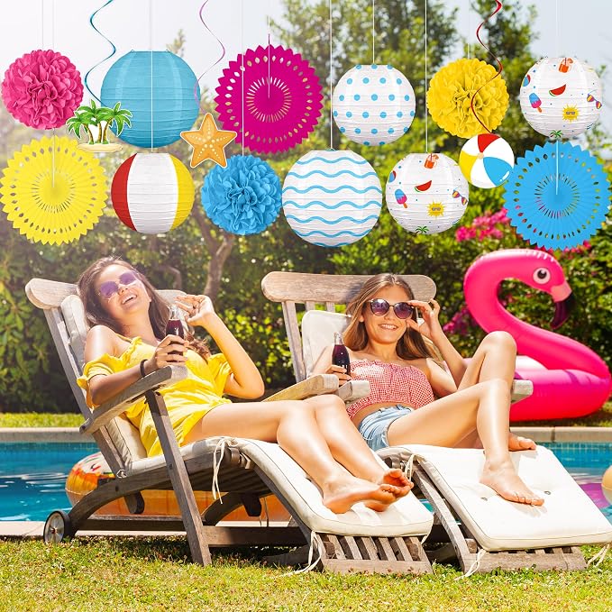 Renbuzhu 15Pcs Beach Party Decorations Paper Lanterns Fans Pom Poms Hanging Swirls Summer Pool Luau Hawaiian Tropical Decor Indoor Outdoor