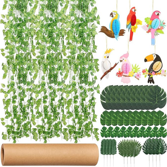 61 Pack Rainforest Decorations Luau Jungle Party Decors, 12 Tropical Birds Honeycomb 84 ft 12 Strands Ivy Fake Vines 36 Pack 6 Kinds Artificial Palm Leaves for Summer Hawaii Home Garden Decor