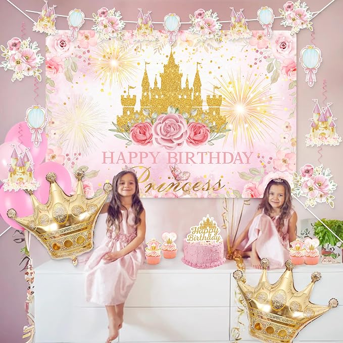 Happy Birthday Decorations For Women Men,Birthday Backdrop,Banner Balloons,Table Cloth,Paper pom poms Party Supplies for Girls Boys (Princess)