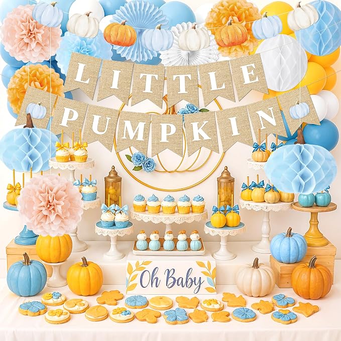 Kriyokiaa Little Pumpkin Baby Shower Decorations for Boy 14 Pcs Blue Fall Baby Shower Decorations with Little Pumpkin Banner, Tissue Pom-Poms, Paper Fan for It's a Boy Party