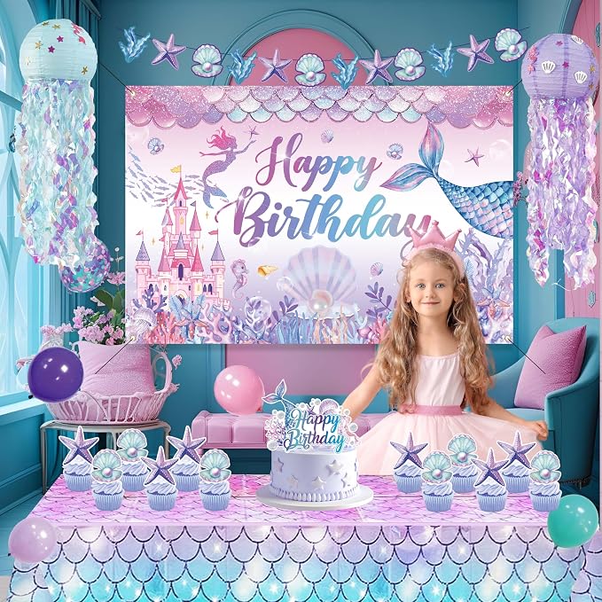 Mermaid Birthday Decorations For Women,Colorful Jellyfish Lanterns,Happy Birthday Backdrop,Banner Balloons,Table Cloth,Paper pom poms Party Supplies for Girls