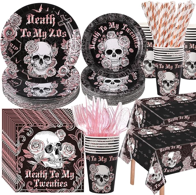 Funnymoom 452 Pcs Death to My 20s Decoration for Her Serves 50, Black Rose Gold Rip 20s Paper Plates Napkins Cups Tablecloth Cutlery Straw for Women Death to My Twenties 30th Birthday Party Supplies
