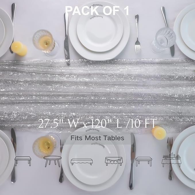 Snowkingdom Silver Gray Table Runner 10FT, Sheer Sparkly Shiny Glitter Sparkle Cheesecloth Tulle Elegant Centerpiece Modern Dining Decor for Wedding Party Bridal Shower Birthday Christmas New Year