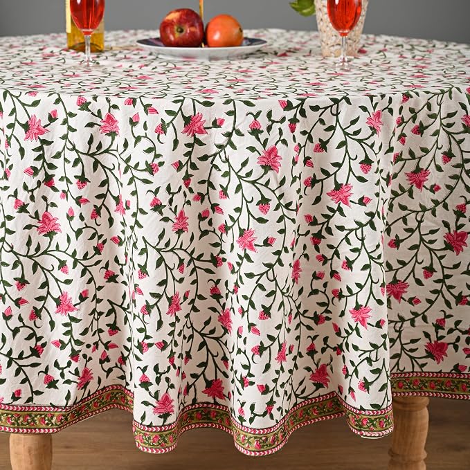 Hand Block Printed Tablecloth – Colorful Floral Print | 100% Cotton | Indian Artisan Handmade Art | Dining Room, Kitchen, Outdoor Décor, (Rosy Elegance, 6 Seater 72 Inches Round)