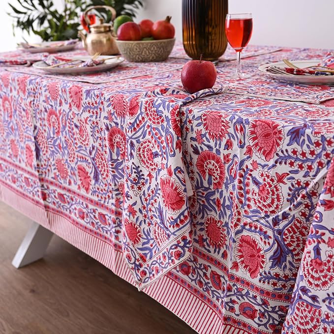 Hand Block Printed Tablecloth – Colorful Floral Print | 100% Cotton | Indian Artisan Handmade Art | Dining Room, Kitchen, Outdoor Décor, (Flamingo Pink, 60 x 60 Inches Square)