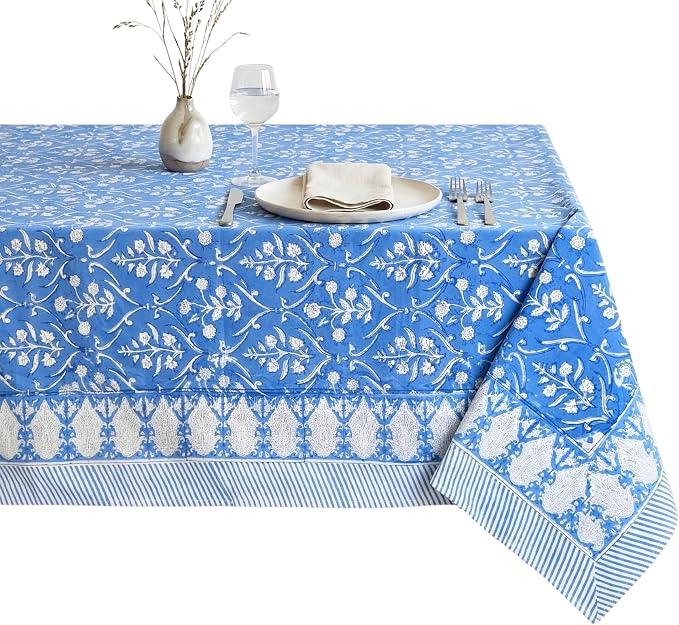 ATOSII Maya Blue 100% Cotton Rectangle Spring Summer Tablecloth, Handblock Floral Print Linen Table Cloth for Kitchen Dining I Parties, Weddings, Outdoors, Easter Decor 60 X 108 Inches, 8 Seater
