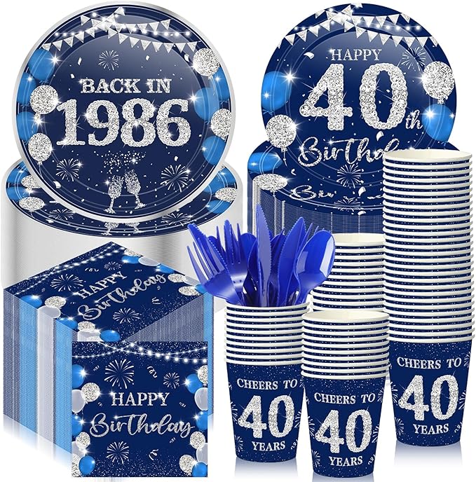 240 Pcs 40th Birthday Decorations 1986 Birthday Party Tableware Include Plates Napkins 9oz Cups Cutlery 40th Anniversary Party Supplies for Men Women Him Her, Serve 30 Guests (Blue Silver)