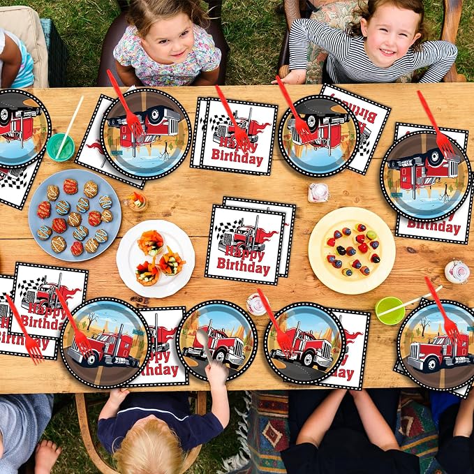 gisgfim 50 Guests Semi Truck Party Decorations Semi Truck Plates and Napkins Party Decoration For Birthday Party Plates Tableware Set Tractor Trailer Theme Party Paper Plates Napkins Forks 200 PCS
