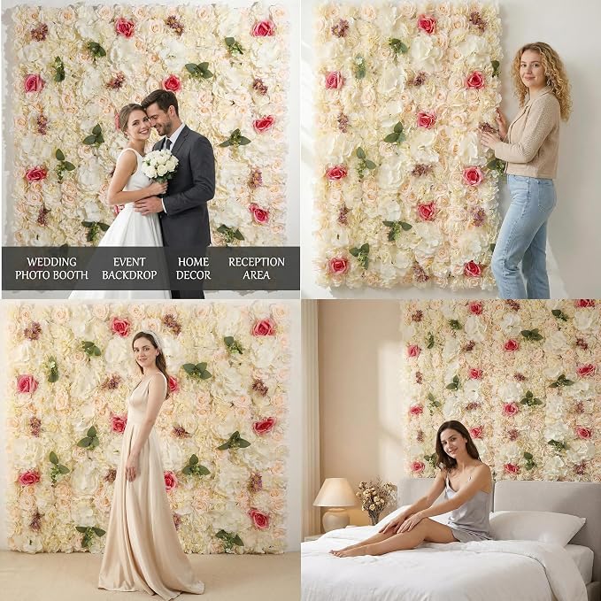 3D Flower Wall Backdrop - 6Pcs 16×24 Inch Artificial Rose Panels Champagne Silk Floral Decor for Home Party Wedding Anniversary Birthday Photographic Studio Background & Decorative Fences