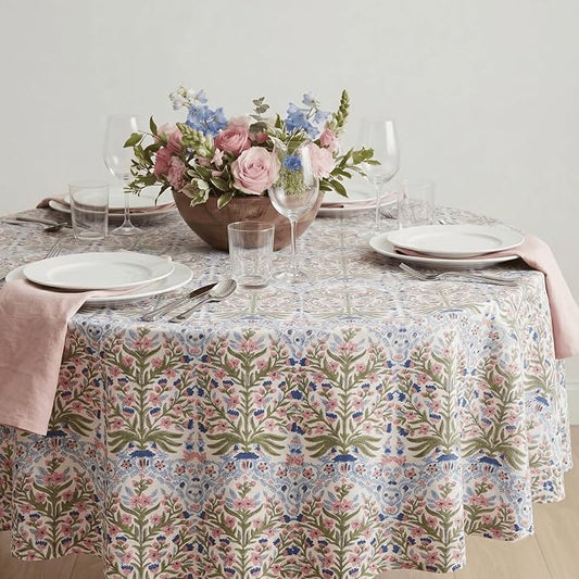 ATOSII Cotton Tablecloth 90" Inches Round Nargis Light Blue