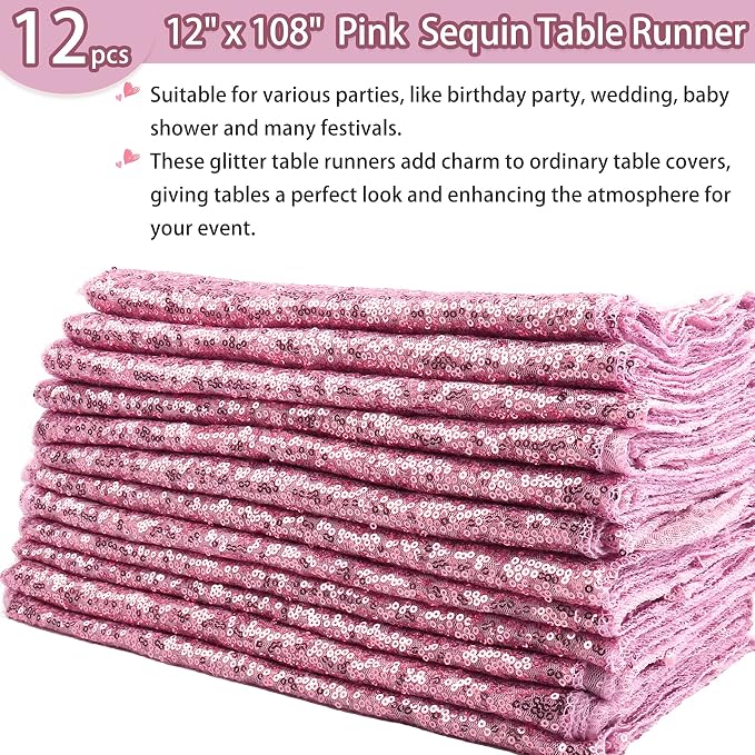 12 Packs 12 X 108 Inch Pink Sequin Table Runner Glitter Dining Table Runner for Birthday Wedding Engagement Bridal Baby Shower Bachelorette Holiday Celebration Party Supplies Decorations (Pink)