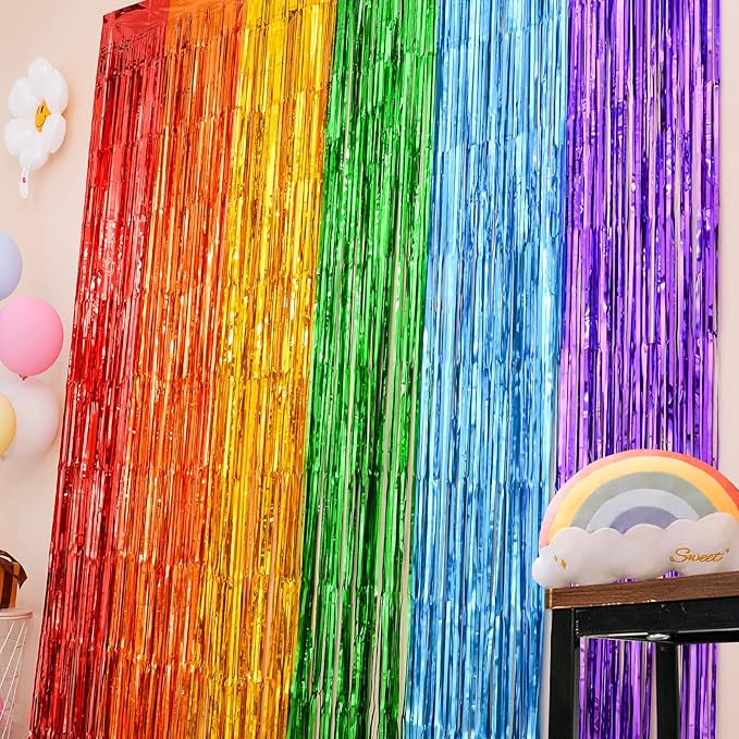 LOLStar Rainbow Photo Booth Props 4 Packs Rainbow Party Decorations 13.2x6.6 ft Foil Fringe Curtains Tinsel Metallic Streamers Holiday Backdrop for Birthday Easter Engagement Bridal Shower Pride