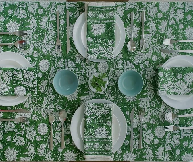 Block Print Green Table Cloth- 60x120 Inch Rectangle 100% Cotton Handmade Pre-Shrink, Washable for Spring, Kitchen & Dining Perfect for Chirstmas, Patio, Indoor & Outdoor, Farmhouse