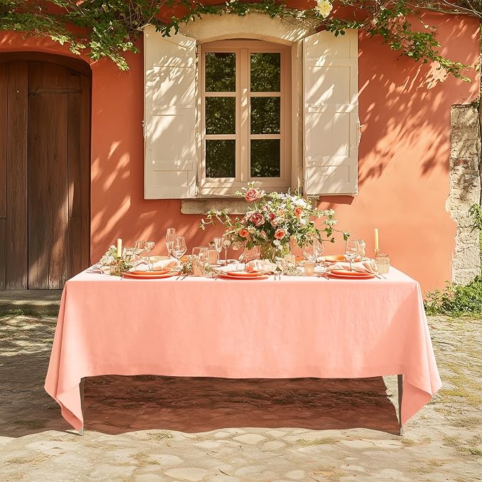 Linen World Linen Tablecloth,100% French Natural Flax Tablecloth 120" x 60" Inch,Washable Rectangular Table Cloth for Dining,Outdoor,Weddings and Restaurants,Decorative Christmas,Peach Pink