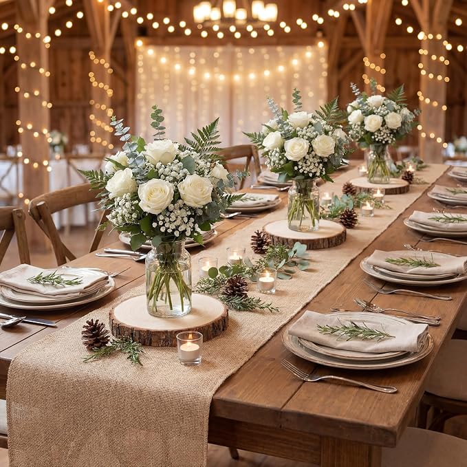 Tioncy Burlap Table Runner Kit Rustic Farmhouse Party, Natural Burlap Table Runner and Wood Centerpieces for Wedding,Christmas, Baby Shower,Birthday, Kitchen Coffee(50ft,6 Pcs)