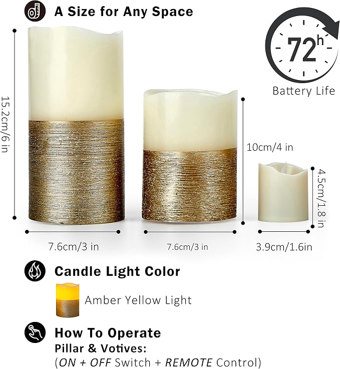 FURORA LIGHTING Gold Trim Flameless Candles - Real Wax, Adjustable Brightness, Remote & Timer - 4 Pillars (3x4, 3x6) and 4 Votives, 8-Pack, Battery Operated