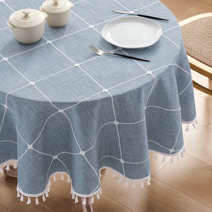 ZeeMart Boho Grid Table Cloth with Tassels (Blue, 52" Round), Heavy Weight Linen Checked Embroidered Farmhouse Tablecloth, Water Resistant Round Dusty Blue Tablecloths