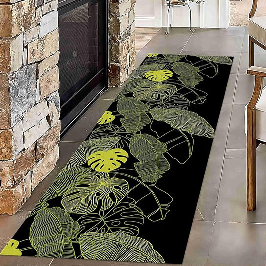Green Leaf Runner Rug for Living Room, 2x6ft, 3D Green and Black Leaves Palm Leaf Monstera Print Long Runner Rug, Non-Slip Durable Plant Area Rug for Hallway Entry Kitchen Laundry Room Home Decor