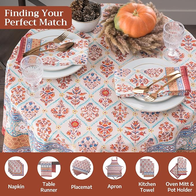 Maison d' Hermine Table Cloth Round Table 100% Cotton 63 Inches Fall Tablecloth Reusable Everyday Use for Thanksgiving Christmas Decorations Dining Farmhouse Party (Romane)