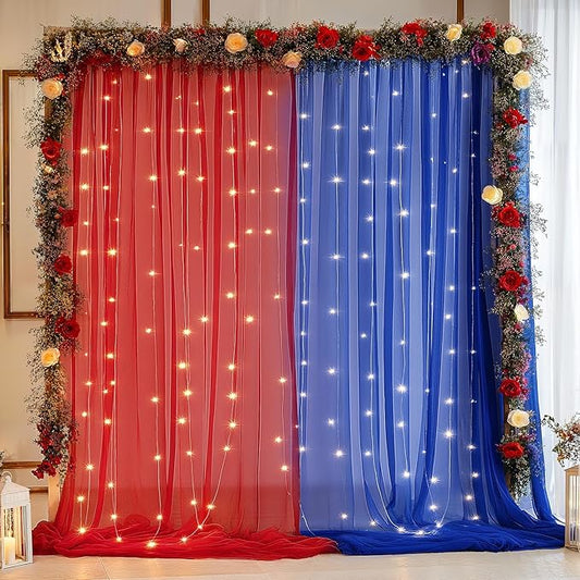 10x10ft Royal Blue Red Tulle Backdrop Curtain with Lights String for Parites, Sheer Photo Backdrop Curtains with lights for Wedding Backdrop Ceremony Reception Bridal Shower Baby Shower Birthday Party