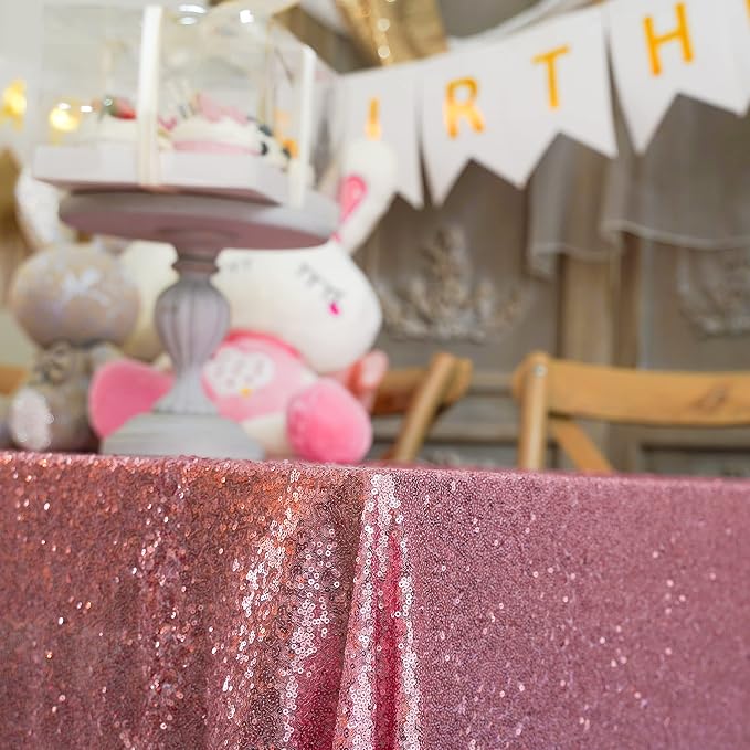 60 x 102 Inch Rose Pink Sequin Tablecloth Rectangle Sparkle Table Cover for Wedding Birthday Party Festival Ceremony Cake Dessert Table Cloth