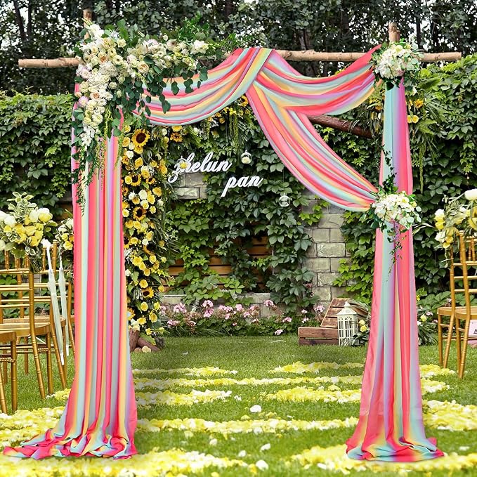 DUOBAO Wedding Chiffon 5x30FT Rainbow Sheer Draping Fabric for Photography Backdrops, Soft Curtains for Arches, Christmas, and Indoor Events - 6 Panels