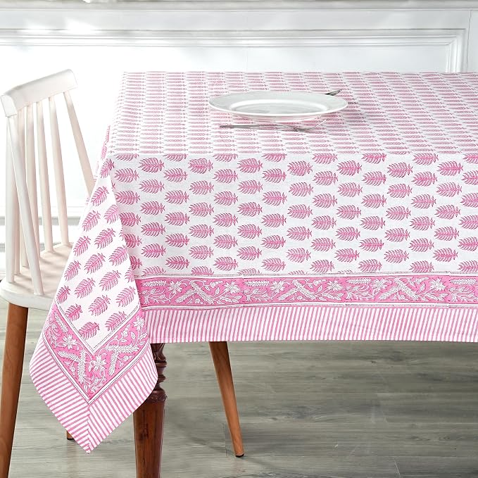 Ridhi Taffy Pink Hand Block Print Cotton Rectangle Tablecloth 102" x 48" inches Reusable Table Cover Decorative Everyday Use for Dining Room, Farmhouse, Home Gift for Spring, Mother's Day