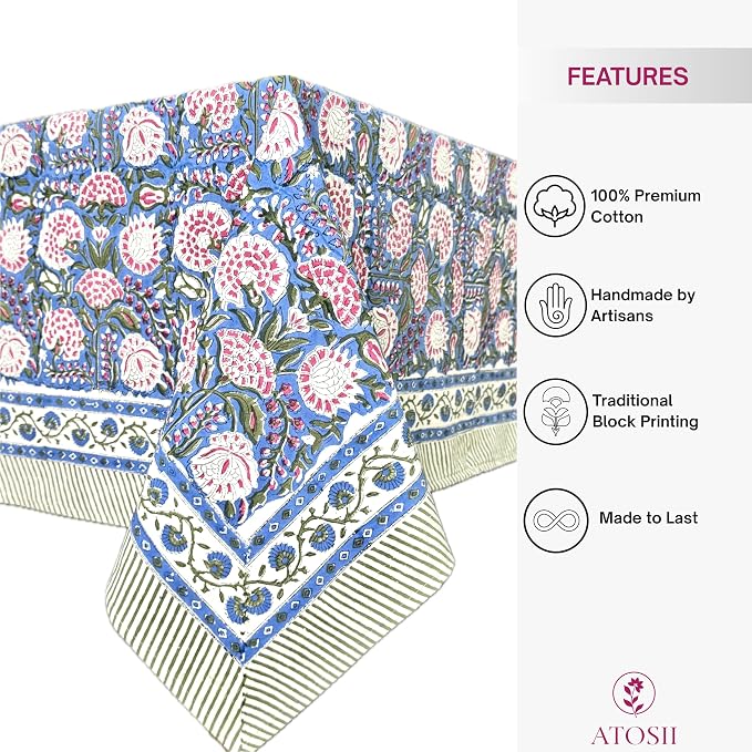ATOSII Clover Pink 100% Cotton Rectangle Boho Fall Tablecloth, Handblock Floral Table Cloth Linen for Kitchen Dining I Parties Wedding Outdoors Christmas Thanksgiving I 72 X 140 Inches I 12 Seater
