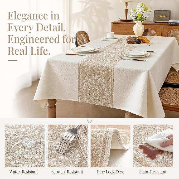 Nordic Beige Linen Tablecloth, Heavy-Duty Rectangle Cover | Spill-Resistant & Wrinkle Free Elegant Drape Table Protector for Kitchen Dining Room Party Decor