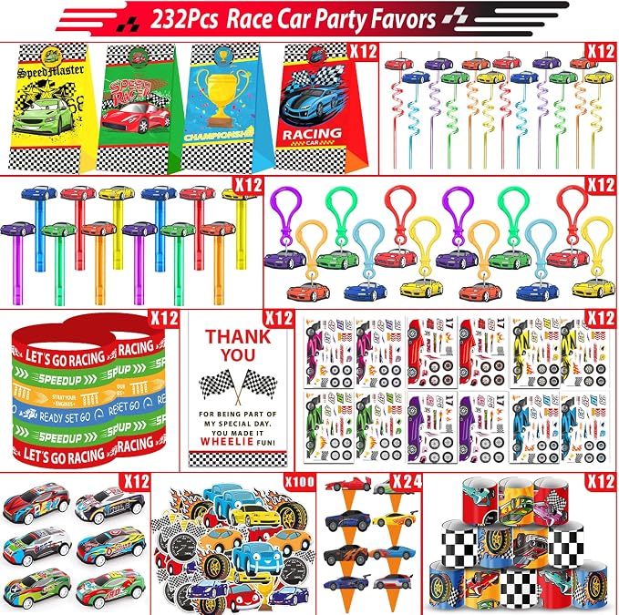 PLOUGVI 232PCS Race Car Birthday Party Favors Decorations Supplies Goodie Bag Stuffer Pinata Filler, Cars Themed Favors for Wheel Birthday Decorations