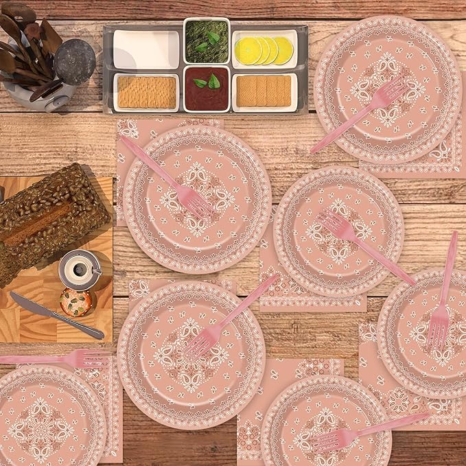 96Pcs Western Bandana Party Plates and Napkins for Pink Cowgirl Birthday Supplies Cowboy Themed Paper Dessert Plates Paisley Tableware Set for Kids Girls 24 Guests Birthday Party Decorations
