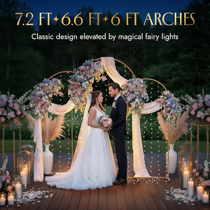 Gold Metal Arch Backdrop Stand for Wedding & Birthday Party Decorations, Foldable Balloon Arch Frame with Easy Assembly, Photo Booth Backdrop Décor with Fairy Lights Options