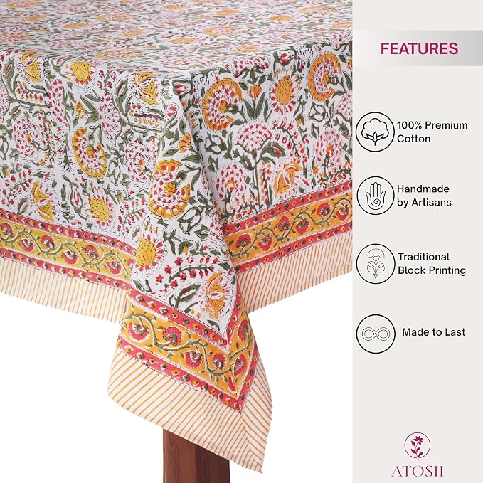ATOSII Clover Yellow 100% Cotton Square Fall Tablecloth, Handblock Floral Print Linen Table Cloth for Kitchen Dining I Parties, Weddings, Outdoors, Christmas, Thanksgiving Fall Decor 60 X 60 Inches